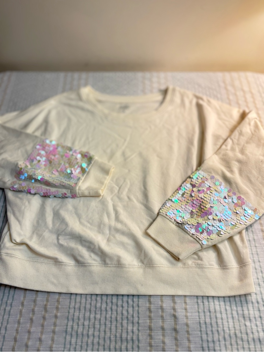 Soho Cream Sweatshirt with Iridescent Sequin Cuff Detail